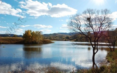 秋季的碧湖蓝天图片