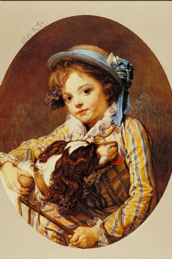 油画抱狗的小女孩图片