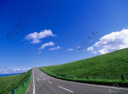 蓝天白云绿野公路图片