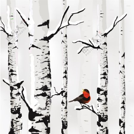 手绘树木雪景图片