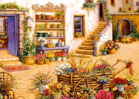 油画温馨的花巷图片
