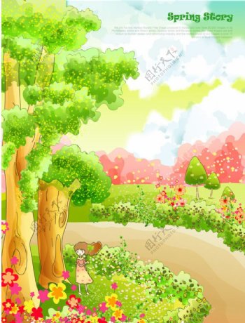 卡通春天梦幻花纹花朵花园绿树草地鲜花图片