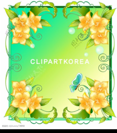韩国花卉水果与蝴蝶花边矢量图片