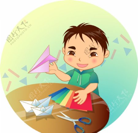 折纸飞机和纸船的男孩图片
