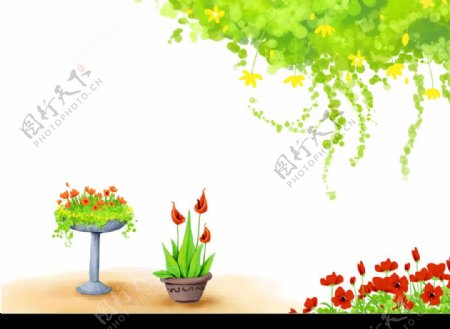 卡通春天风景红花绿叶图片