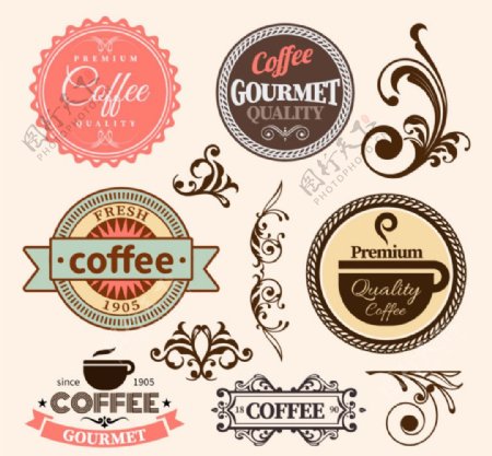 复古花纹和咖啡标签矢量图