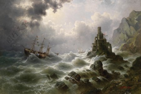 欧洲帆船大海油画