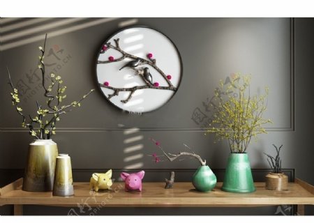 中式陶瓷花瓶干支花墙饰小猪摆件