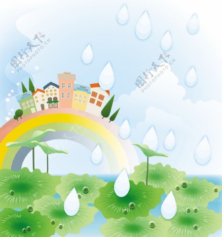 彩虹上的房屋和雨滴下的荷叶
