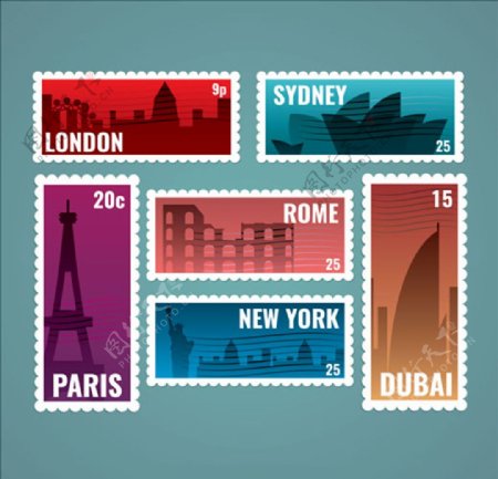 城市剪影的邮票