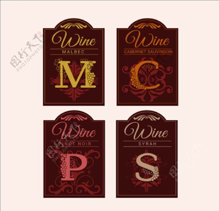字母装饰性的葡萄酒标签