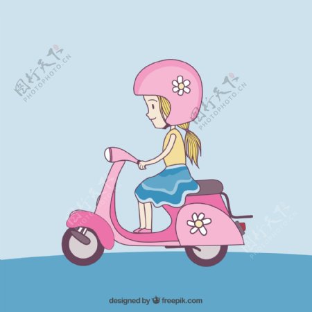 骑粉色电动车的女子矢量素材