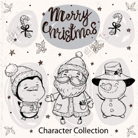 手绘圣诞节雪人企鹅和圣诞老人