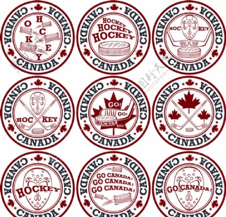 9款加拿大曲棍球标签矢量图