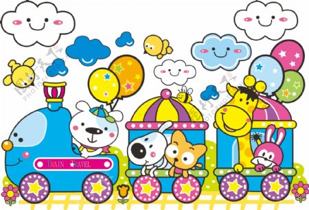 卡通火车和小动物插画矢量素材