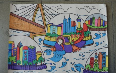 儿童科幻画江上城市
