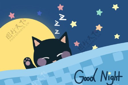 晚安星猫咪卡通儿童壁纸电视墙图