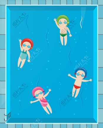 卡通儿童节在泳池游泳的孩子
