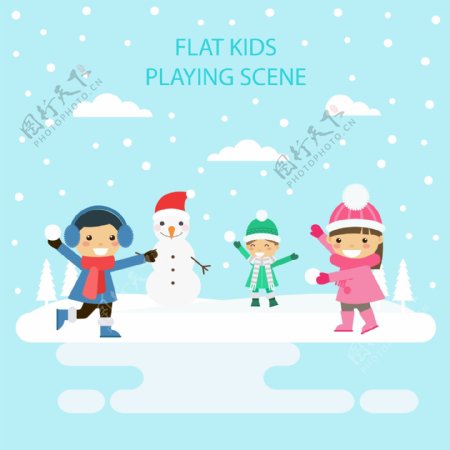 冬天堆雪人的孩子插画
