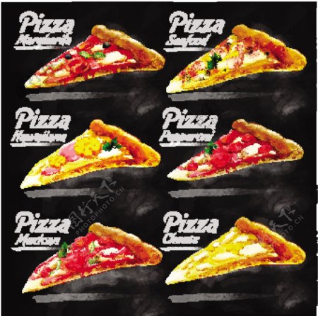 6款水彩绘美味三角披萨矢量素材