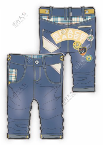 牛仔裤儿童男孩服装设计彩色矢量原稿