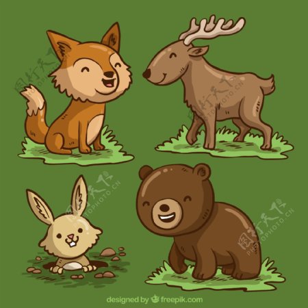4款卡通笑脸森林动物矢量