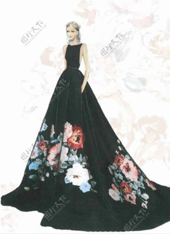 黑色花朵长裙设计图
