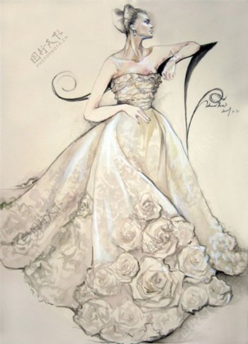 米色花朵婚纱设计图