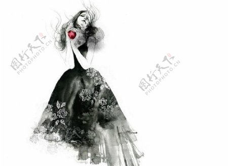 黑色花朵婚纱设计图