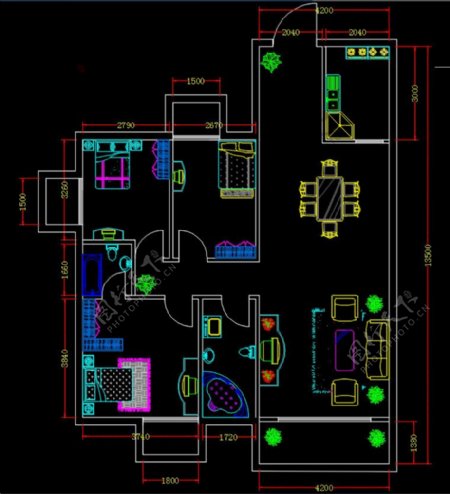 CAD室内布局平面户型设计图三室一厅
