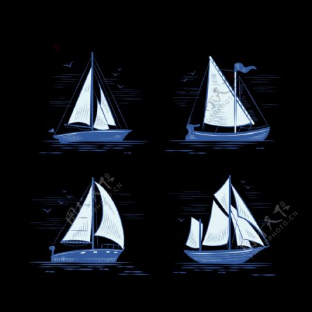 四个手绘帆船插图免抠png透明图层素材