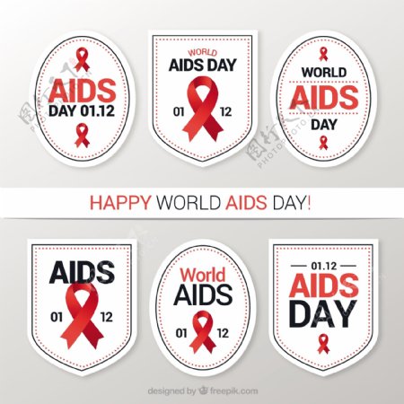 带红丝带的世界艾滋病日六包白色贴纸