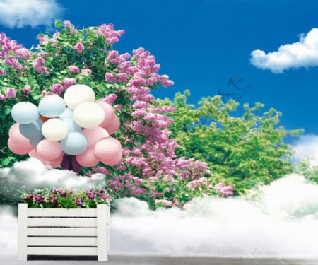 蓝天白云与气球影楼摄影背景图片
