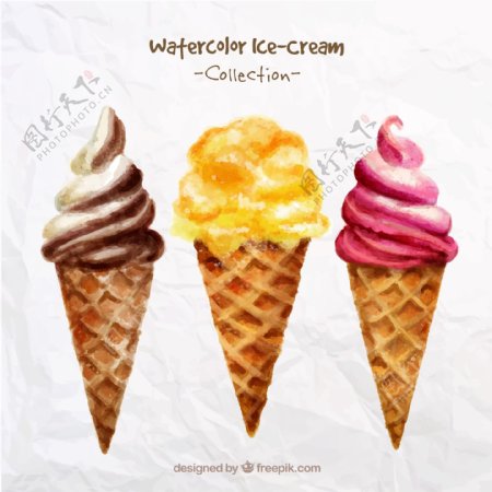 3款水彩绘甜筒冰淇淋矢量素材