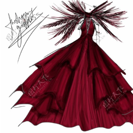 深红色长裙礼服设计图