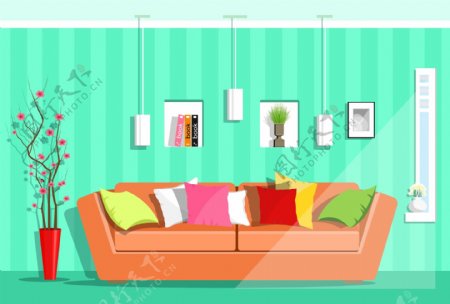 沙发家庭室内房间装饰设计卡通矢量素材
