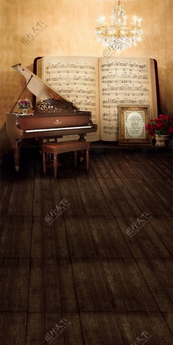 曲谱钢琴相框影楼摄影背景高清图片