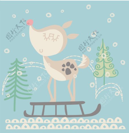 滑雪的小鹿可爱下雪主题服装图案矢量素材