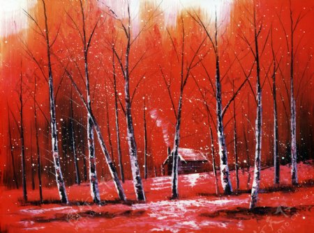 红色树林油画图片