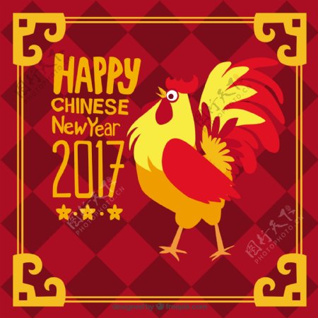 手绘中国新年背景与金色框架公鸡