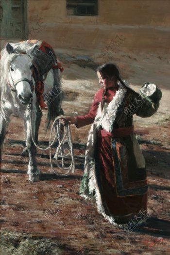 牵马的藏族女孩油画图片