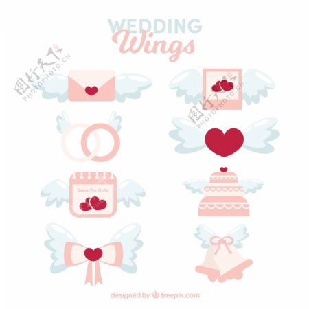 手绘婚礼元素与翅膀图标