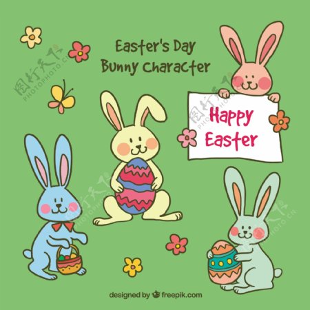 手绘复活节的日子可爱的兔子的角色