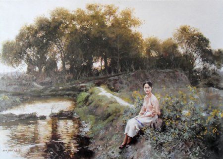 池塘边女孩油画图片