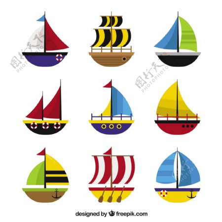 手绘彩色扁平风格彩色帆船图标