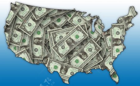 1美元钞票背景的美国地图