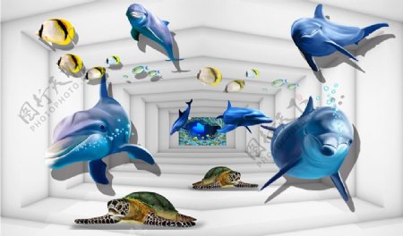 3D海豚漫画背景墙