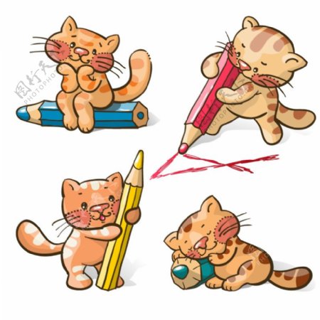 卡通猫咪与铅笔矢量素材AI