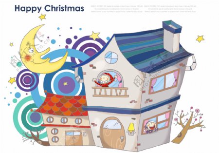卡通房屋圣诞节主题插画PSD分层素材