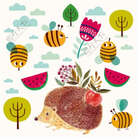 可爱水彩刺猬和蜜蜂矢量素材